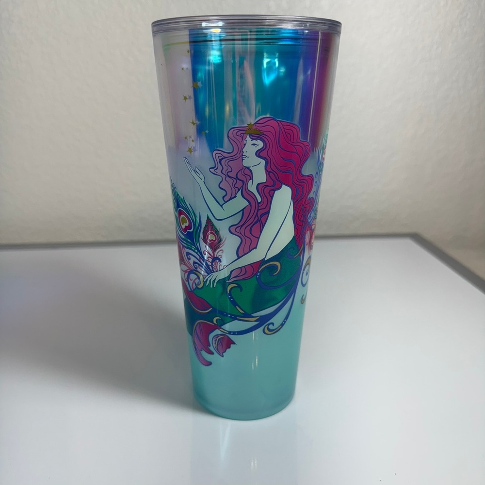 Starbucks Mermaid Iridescent Tumbler Cold Cup Peacock Feather Design